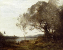 Репродукция картины "прогуливаясь вдоль берега пруда" художника "коро камиль"