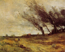 Репродукция картины "ветреный пейзаж" художника "коро камиль"