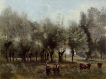 Репродукция картины "женщины на поле с ивами" художника "коро камиль"
