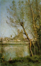 Репродукция картины "мант. вид на собор и город сквозь деревья" художника "коро камиль"