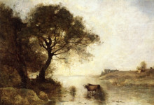 Репродукция картины "брод с большими деревьями" художника "коро камиль"