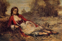 Репродукция картины "алжирская женщина, лежа на траве" художника "коро камиль"