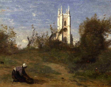 Репродукция картины "пейзаж с белой башней (на память о креси)" художника "коро камиль"