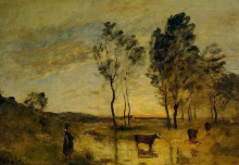 Репродукция картины "коровы на берегах гуэ" художника "коро камиль"