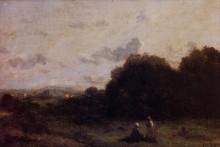 Репродукция картины "поля с деревней на горизонте, двое на переднем плане" художника "коро камиль"