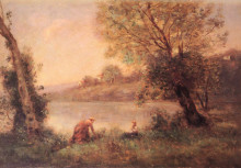Репродукция картины "крестьянка из виль д&#39;авре с ребенком между двух деревьев на берегу пруда" художника "коро камиль"
