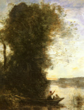 Картина "лодочник отплывает с женщиной и ребенком в лодке. закат" художника "коро камиль"