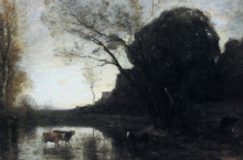 Репродукция картины "брод под согнутыми деревьями" художника "коро камиль"