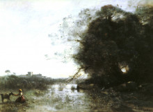 Копия картины "болото возле большого дерева и пастушка" художника "коро камиль"