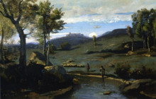 Репродукция картины "римский пейзаж. каменистая долина со стадом свиней" художника "коро камиль"