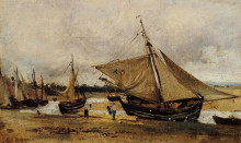 Репродукция картины "рыбацкие лодки на берегу канала" художника "коро камиль"