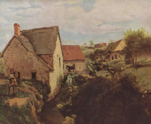 Копия картины "домики с мельницей на берегу реки" художника "коро камиль"