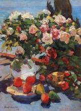 Репродукция картины "розы и фрукты" художника "коровин константин"