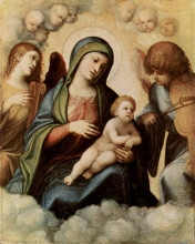 Репродукция картины "мадонна с младенцем и ангелы" художника "корреджо"