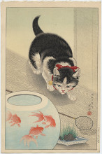 Копия картины "cat and bowl of goldfish" художника "косон охара"