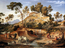 Репродукция картины "serpentara landscape with herdsmen and cows at a spring" художника "кох йозеф антон"