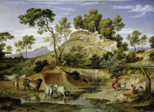 Репродукция картины "landscape with shepherds and cows and at the spring" художника "кох йозеф антон"