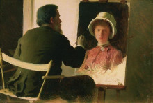 Репродукция картины "крамской, пишущий портрет своей дочери, софьи ивановны крамской, в замужестве юнкер" художника "крамской иван"