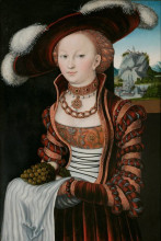 Копия картины "портрет молодой женщины с виноградом и яблоками" художника "кранах старший лукас"