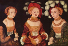 Репродукция картины "три саксонские принцессы: сибилла, эмилия и сидония, дочери герцога генриха фроммена" художника "кранах старший лукас"