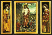 Репродукция картины "малый алтарь с воскресением христовым, святой варварой (левое крыло) и святой катериной (правое крыло)" художника "кранах старший лукас"