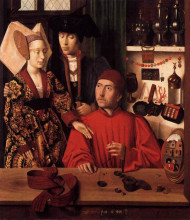 Репродукция картины "st. eligius as a goldsmith showing a ring to the engaged couple" художника "кристус петрус"