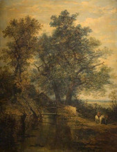 Картина "a stream, bridge, trees and two figures in a landscape" художника "кром джон"