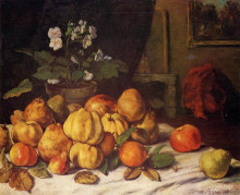 Картина "натюрморт. яблоки, груши и цветы на столе. сент-пелажи" художника "курбе гюстав"