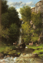 Картина "семейство оленей в пейзаже под водопадом" художника "курбе гюстав"