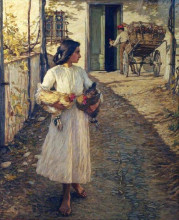Репродукция картины "selling chickens in liguria" художника "ла танге генри герберт"