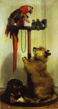 Репродукция картины "macaw, love birds, terrier, and spaniel puppies, belonging to her majesty" художника "ландсир эдвин генри"