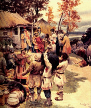 Картина "russian knyaz igor exacts tribute from the drevlyans in 945" художника "лебедев клавдий"