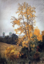Копия картины "осенний пейзаж с церковью" художника "левитан исаак"