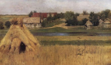 Копия картины "снопы и деревня за рекой" художника "левитан исаак"