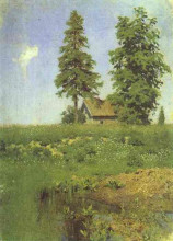 Репродукция картины "small hut in a meadow" художника "левитан исаак"