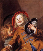 Картина "laughing children with a cat" художника "лейстер юдит"