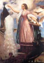 Репродукция картины "a girl feeding peacocks" художника "лейтон фредерик"