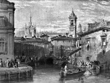 Картина "boat scene at milan, drawing by leitch, engraving by t. higham" художника "лейтч уильям лейтон"