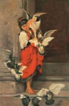 Репродукция картины "the girl with pigeons" художника "лембесис полихронис"