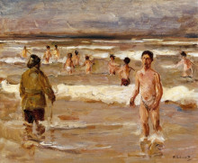 Репродукция картины "children bathing in the sea" художника "либерман макс"