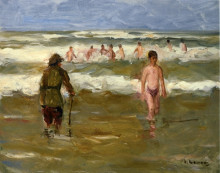 Репродукция картины "boys bathing with beach warden" художника "либерман макс"