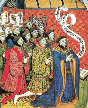Репродукция картины "miniature of the earl of westmorland with his twelve children" художника "лимбург (братья)"