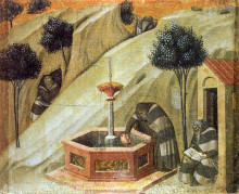 Репродукция картины "predella panel. hermits at the fountain of elijah" художника "лоренцетти пьетро"