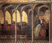 Картина "predella panel. the approval of the new carmelite habit by pope honorius iv" художника "лоренцетти пьетро"