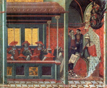 Репродукция картины "predella panel. the pope issues a bull to a carmelite delegation" художника "лоренцетти пьетро"