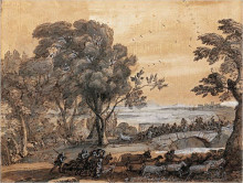 Репродукция картины "coast scene with a battle on a bridge" художника "лоррен клод"