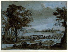 Репродукция картины "coast scene with a battle on a bridge" художника "лоррен клод"
