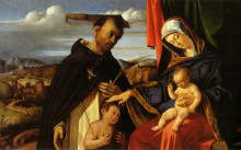 Картина "madonna and child with saint peter martyr" художника "лотто лоренцо"