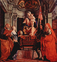 Картина "altar of santa cristina al tiverone, main board: madonna enthroned, st. peter and st. christina of bolsena, st. liberalis and st. jerome" художника "лотто лоренцо"