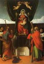 Картина "madonna and child enthroned with four saints" художника "лотто лоренцо"